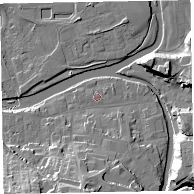 Shaded relief map of the ground around CA139LY, computed from Environment Agency LiDAR. The ground here sits at about 44 m above sea level and falls 28 m across the surrounding 800 m. Surface water reaching this point runs off ground lying to the east-north-east, 1.0 m higher.