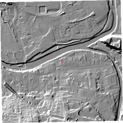 Shaded relief map of the ground around CA139LZ, computed from Environment Agency LiDAR. The ground here sits at about 44 m above sea level and falls 27 m across the surrounding 800 m. Surface water reaching this point runs off ground lying to the south-south-west, 1.2 m higher.