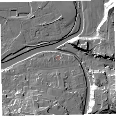 Shaded relief map of the ground around CA139NA, computed from Environment Agency LiDAR. The ground here sits at about 44 m above sea level and falls 26 m across the surrounding 800 m. Surface water reaching this point runs off ground lying to the south, 12.8 m higher.