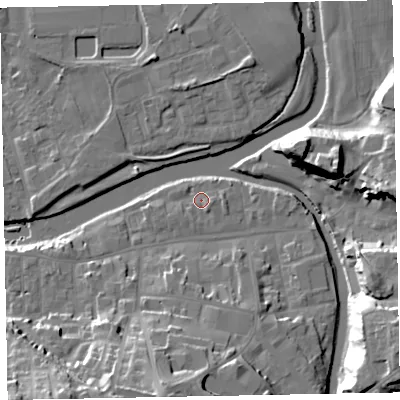 Shaded relief map of the ground around CA139NB, computed from Environment Agency LiDAR. The ground here sits at about 43 m above sea level and falls 24 m across the surrounding 800 m. Surface water reaching this point runs off ground lying to the south-east, 2.1 m higher.