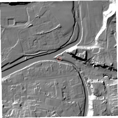 Shaded relief map of the ground around CA139ND, computed from Environment Agency LiDAR. The ground here sits at about 43 m above sea level and falls 29 m across the surrounding 800 m. Surface water reaching this point runs off ground lying to the south-east, 21.8 m higher.