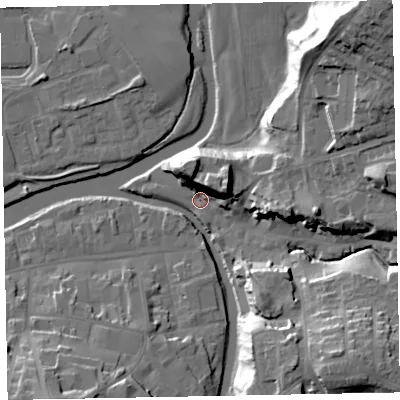 Shaded relief map of the ground around CA139NE, computed from Environment Agency LiDAR. The ground here sits at about 45 m above sea level and falls 34 m across the surrounding 800 m. Surface water reaching this point runs off ground lying to the east-north-east, 14.3 m higher.