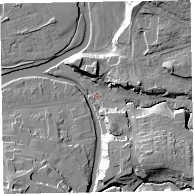 Shaded relief map of the ground around CA139NF, computed from Environment Agency LiDAR. The ground here sits at about 45 m above sea level and falls 31 m across the surrounding 800 m. Surface water reaching this point runs off ground lying to the north-east, 27.1 m higher.