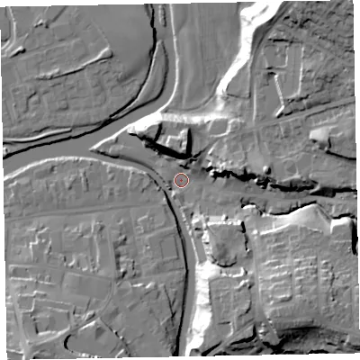 Shaded relief map of the ground around CA139NG, computed from Environment Agency LiDAR. The ground here sits at about 45 m above sea level and falls 32 m across the surrounding 800 m. Surface water reaching this point runs off ground lying to the north-east, 28.7 m higher.