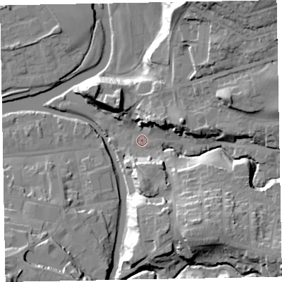 Shaded relief map of the ground around CA139NH, computed from Environment Agency LiDAR. The ground here sits at about 46 m above sea level and falls 30 m across the surrounding 800 m. Surface water reaching this point runs off ground lying to the south-east, 20.5 m higher.