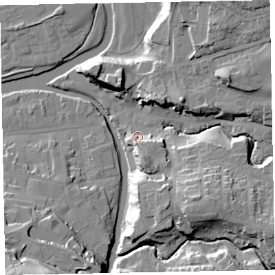 Shaded relief map of the ground around CA139NJ, computed from Environment Agency LiDAR. The ground here sits at about 49 m above sea level and falls 32 m across the surrounding 800 m. Surface water reaching this point runs off ground lying to the south-south-east, 11.4 m higher.