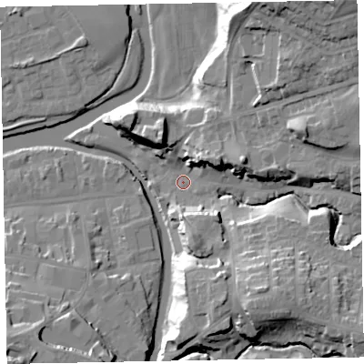 Shaded relief map of the ground around CA139NN, computed from Environment Agency LiDAR. The ground here sits at about 46 m above sea level and falls 31 m across the surrounding 800 m. Surface water reaching this point runs off ground lying to the south-east, 20.5 m higher.