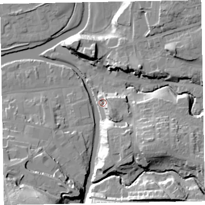 Shaded relief map of the ground around CA139NP, computed from Environment Agency LiDAR. The ground here sits at about 48 m above sea level and falls 34 m across the surrounding 800 m. Surface water reaching this point runs off ground lying to the south-east, 12.5 m higher.