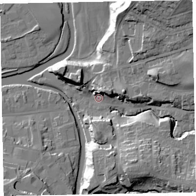 Shaded relief map of the ground around CA139NQ, computed from Environment Agency LiDAR. The ground here sits at about 47 m above sea level and falls 33 m across the surrounding 800 m. Surface water reaching this point runs off ground lying to the east-north-east, 12.2 m higher.