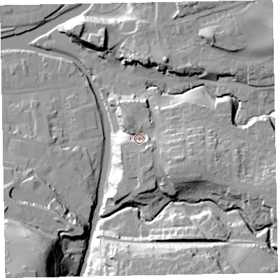 Shaded relief map of the ground around CA139NR, computed from Environment Agency LiDAR. The ground here sits at about 56 m above sea level and falls 39 m across the surrounding 800 m. Surface water reaching this point runs off ground lying to the south-south-east, 8.2 m higher.