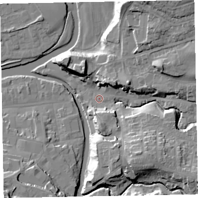 Shaded relief map of the ground around CA139NW, computed from Environment Agency LiDAR. The ground here sits at about 47 m above sea level and falls 30 m across the surrounding 800 m. Surface water reaching this point runs off ground lying to the south-east, 20.5 m higher.