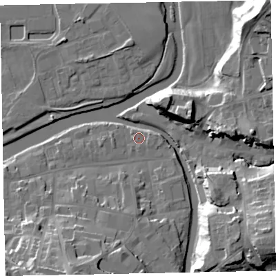 Shaded relief map of the ground around CA139PD, computed from Environment Agency LiDAR. The ground here sits at about 44 m above sea level and falls 31 m across the surrounding 800 m. Surface water reaching this point runs off ground lying to the east, 1.5 m higher.