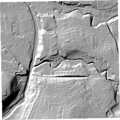 Shaded relief map of the ground around CA139PE, computed from Environment Agency LiDAR. The ground here sits at about 54 m above sea level and falls 44 m across the surrounding 800 m. Surface water reaching this point runs off ground lying to the south-east, 21.9 m higher.