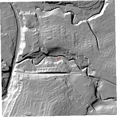 Shaded relief map of the ground around CA139PF, computed from Environment Agency LiDAR. The ground here sits at about 54 m above sea level and falls 45 m across the surrounding 800 m. Surface water reaching this point runs off ground lying to the south, 29.7 m higher.