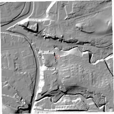Shaded relief map of the ground around CA139PJ, computed from Environment Agency LiDAR. The ground here sits at about 53 m above sea level and falls 34 m across the surrounding 800 m. Surface water reaching this point runs off ground lying to the south-south-east, 15.2 m higher.