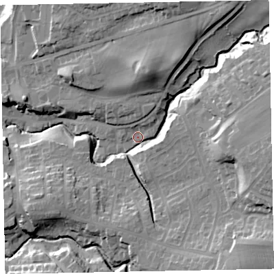 Shaded relief map of the ground around CA139PN, computed from Environment Agency LiDAR. The ground here sits at about 54 m above sea level and falls 35 m across the surrounding 800 m. Surface water reaching this point runs off ground lying to the east-north-east, 26.3 m higher.