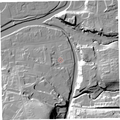 Shaded relief map of the ground around CA139QL, computed from Environment Agency LiDAR. The ground here sits at about 45 m above sea level and falls 39 m across the surrounding 800 m. Surface water reaching this point runs off ground lying to the south-south-west, 34.9 m higher.