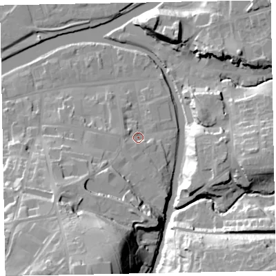 Shaded relief map of the ground around CA139QP, computed from Environment Agency LiDAR. The ground here sits at about 46 m above sea level and falls 40 m across the surrounding 800 m. Surface water reaching this point runs off ground lying to the south-south-west, 33.5 m higher.