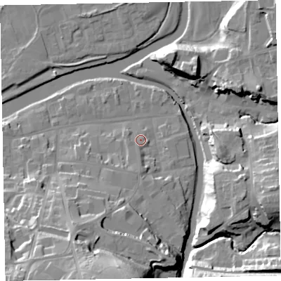 Shaded relief map of the ground around CA139QQ, computed from Environment Agency LiDAR. The ground here sits at about 46 m above sea level and falls 35 m across the surrounding 800 m. Surface water reaching this point runs off ground lying to the south-south-west, 8.1 m higher.