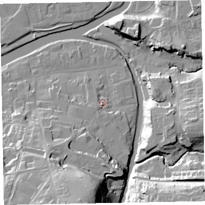 Shaded relief map of the ground around CA139QR, computed from Environment Agency LiDAR. The ground here sits at about 47 m above sea level and falls 39 m across the surrounding 800 m. Surface water reaching this point runs off ground lying to the south-south-west, 34.8 m higher.