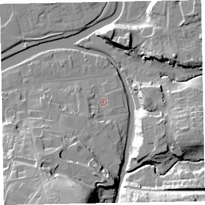 Shaded relief map of the ground around CA139QS, computed from Environment Agency LiDAR. The ground here sits at about 45 m above sea level and falls 37 m across the surrounding 800 m. Surface water reaching this point runs off ground lying to the south-south-west, 33.2 m higher.