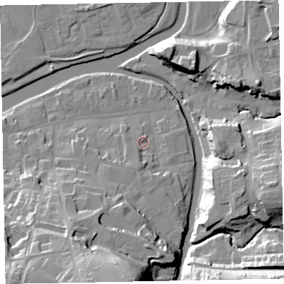 Shaded relief map of the ground around CA139QT, computed from Environment Agency LiDAR. The ground here sits at about 45 m above sea level and falls 36 m across the surrounding 800 m. Surface water reaching this point runs off ground lying to the south-south-west, 7.0 m higher.