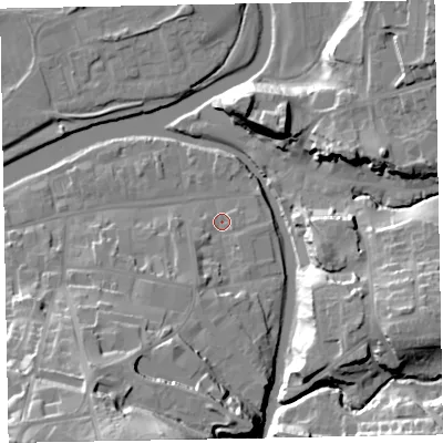Shaded relief map of the ground around CA139QU, computed from Environment Agency LiDAR. The ground here sits at about 44 m above sea level and falls 33 m across the surrounding 800 m. Surface water reaching this point runs off ground lying to the south-south-west, 29.7 m higher.