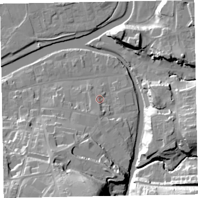 Shaded relief map of the ground around CA139QW, computed from Environment Agency LiDAR. The ground here sits at about 46 m above sea level and falls 37 m across the surrounding 800 m. Surface water reaching this point runs off ground lying to the south-south-west, 7.3 m higher.