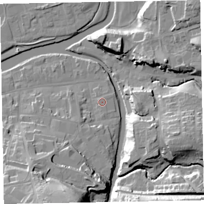 Shaded relief map of the ground around CA139QX, computed from Environment Agency LiDAR. The ground here sits at about 46 m above sea level and falls 36 m across the surrounding 800 m. The ground contributing surface water to this point lies to the east-north-east.
