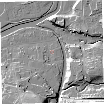 Shaded relief map of the ground around CA139QY, computed from Environment Agency LiDAR. The ground here sits at about 45 m above sea level and falls 36 m across the surrounding 800 m. Surface water reaching this point runs off ground lying to the south-south-west, 31.9 m higher.