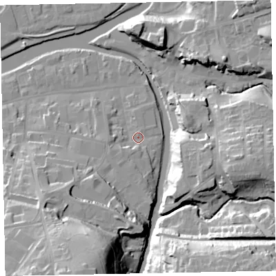 Shaded relief map of the ground around CA139QZ, computed from Environment Agency LiDAR. The ground here sits at about 46 m above sea level and falls 39 m across the surrounding 800 m. Surface water reaching this point runs off ground lying to the south-west, 4.1 m higher.