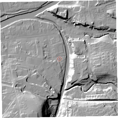 Shaded relief map of the ground around CA139RA, computed from Environment Agency LiDAR. The ground here sits at about 46 m above sea level and falls 40 m across the surrounding 800 m. Surface water reaching this point runs off ground lying to the south-west, 4.2 m higher.