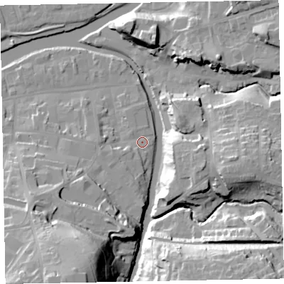Shaded relief map of the ground around CA139RB, computed from Environment Agency LiDAR. The ground here sits at about 46 m above sea level and falls 40 m across the surrounding 800 m. Surface water reaching this point runs off ground lying to the south-west, 4.3 m higher.
