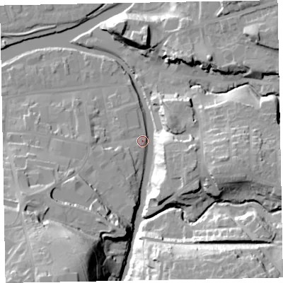 Shaded relief map of the ground around CA139RD, computed from Environment Agency LiDAR. The ground here sits at about 46 m above sea level and falls 39 m across the surrounding 800 m. Surface water reaching this point runs off ground lying to the south-south-west, 36.5 m higher.
