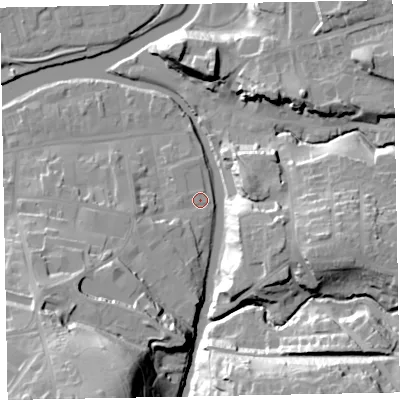 Shaded relief map of the ground around CA139RE, computed from Environment Agency LiDAR. The ground here sits at about 46 m above sea level and falls 39 m across the surrounding 800 m. Surface water reaching this point runs off ground lying to the south-west, 4.5 m higher.