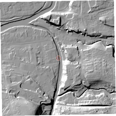Shaded relief map of the ground around CA139RF, computed from Environment Agency LiDAR. The ground here sits at about 45 m above sea level and falls 38 m across the surrounding 800 m. Surface water reaching this point runs off ground lying to the south-south-west, 35.6 m higher.
