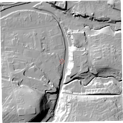 Shaded relief map of the ground around CA139RG, computed from Environment Agency LiDAR. The ground here sits at about 46 m above sea level and falls 40 m across the surrounding 800 m. Surface water reaching this point runs off ground lying to the south-south-east, 36.5 m higher.