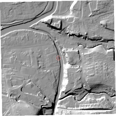 Shaded relief map of the ground around CA139RJ, computed from Environment Agency LiDAR. The ground here sits at about 45 m above sea level and falls 36 m across the surrounding 800 m. Surface water reaching this point runs off ground lying to the south-south-west, 34.2 m higher.