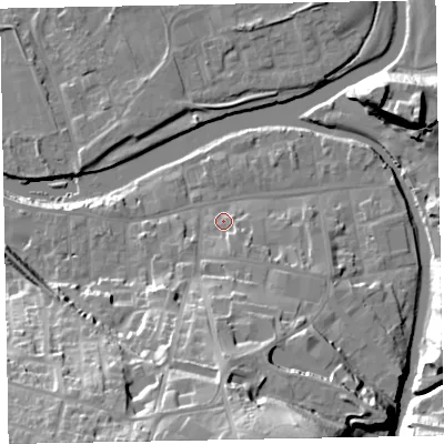 Shaded relief map of the ground around CA139RL, computed from Environment Agency LiDAR. The ground here sits at about 45 m above sea level and falls 35 m across the surrounding 800 m. Surface water reaching this point runs off ground lying to the south-east, 4.5 m higher.