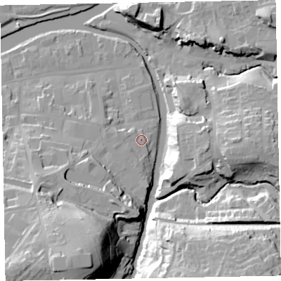 Shaded relief map of the ground around CA139RN, computed from Environment Agency LiDAR. The ground here sits at about 47 m above sea level and falls 40 m across the surrounding 800 m. Surface water reaching this point runs off ground lying to the west-south-west, 2.8 m higher.