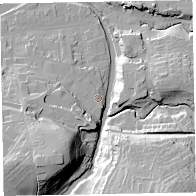 Shaded relief map of the ground around CA139RQ, computed from Environment Agency LiDAR. The ground here sits at about 49 m above sea level and falls 45 m across the surrounding 800 m. Surface water reaching this point runs off ground lying to the south-south-west, 0.8 m higher.