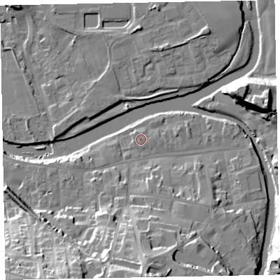 Shaded relief map of the ground around CA139RR, computed from Environment Agency LiDAR. The ground here sits at about 44 m above sea level and falls 27 m across the surrounding 800 m. The ground contributing surface water to this point lies to the south-south-west.