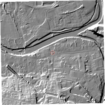 Shaded relief map of the ground around CA139RX, computed from Environment Agency LiDAR. The ground here sits at about 44 m above sea level and falls 31 m across the surrounding 800 m. Surface water reaching this point runs off ground lying to the south, 25.5 m higher.