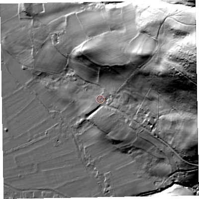 Shaded relief map of the ground around CA139TX, computed from Environment Agency LiDAR. The ground here sits at about 104 m above sea level and falls 165 m across the surrounding 800 m. Surface water reaching this point runs off ground lying to the east-north-east, 142.2 m higher.