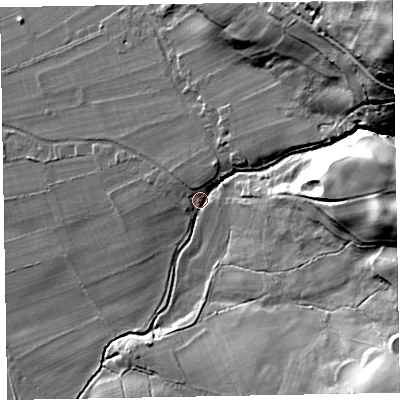 Shaded relief map of the ground around CA139UJ, computed from Environment Agency LiDAR. The ground here sits at about 92 m above sea level and falls 81 m across the surrounding 800 m. Surface water reaching this point runs off ground lying to the east-north-east, 39.3 m higher.