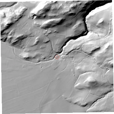 Shaded relief map of the ground around CA139UZ, computed from Environment Agency LiDAR. The ground here sits at about 112 m above sea level and falls 81 m across the surrounding 800 m. Surface water reaching this point runs off ground lying to the north-north-east, 71.8 m higher.