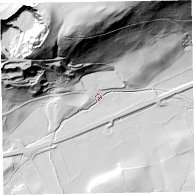 Shaded relief map of the ground around CA139XY, computed from Environment Agency LiDAR. The ground here sits at about 82 m above sea level and falls 130 m across the surrounding 800 m. Surface water reaching this point runs off ground lying to the north-west, 109.9 m higher.
