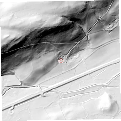 Shaded relief map of the ground around CA139YA, computed from Environment Agency LiDAR. The ground here sits at about 84 m above sea level and falls 133 m across the surrounding 800 m. Surface water reaching this point runs off ground lying to the north-north-west, 122.9 m higher.