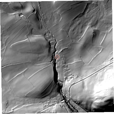 Shaded relief map of the ground around CA139YP, computed from Environment Agency LiDAR. The ground here sits at about 97 m above sea level and falls 114 m across the surrounding 800 m. Surface water reaching this point runs off ground lying to the south-east, 101.2 m higher.