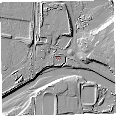 Shaded relief map of the ground around CA141BE, computed from Environment Agency LiDAR. The ground here sits at about 6 m above sea level and falls 21 m across the surrounding 800 m. Surface water reaching this point runs off ground lying to the west-south-west, 3.7 m higher.